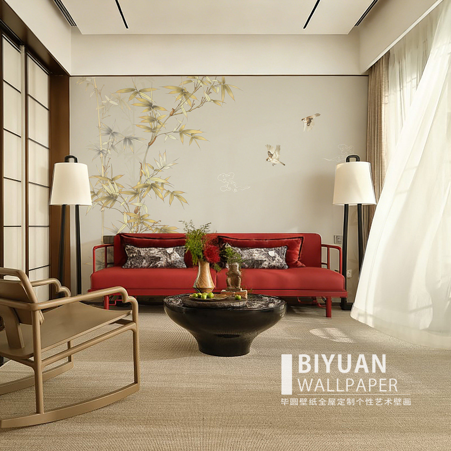 新中式墙布竹子花鸟壁纸客厅电视背景墙定制壁画卧室餐厅无缝墙纸