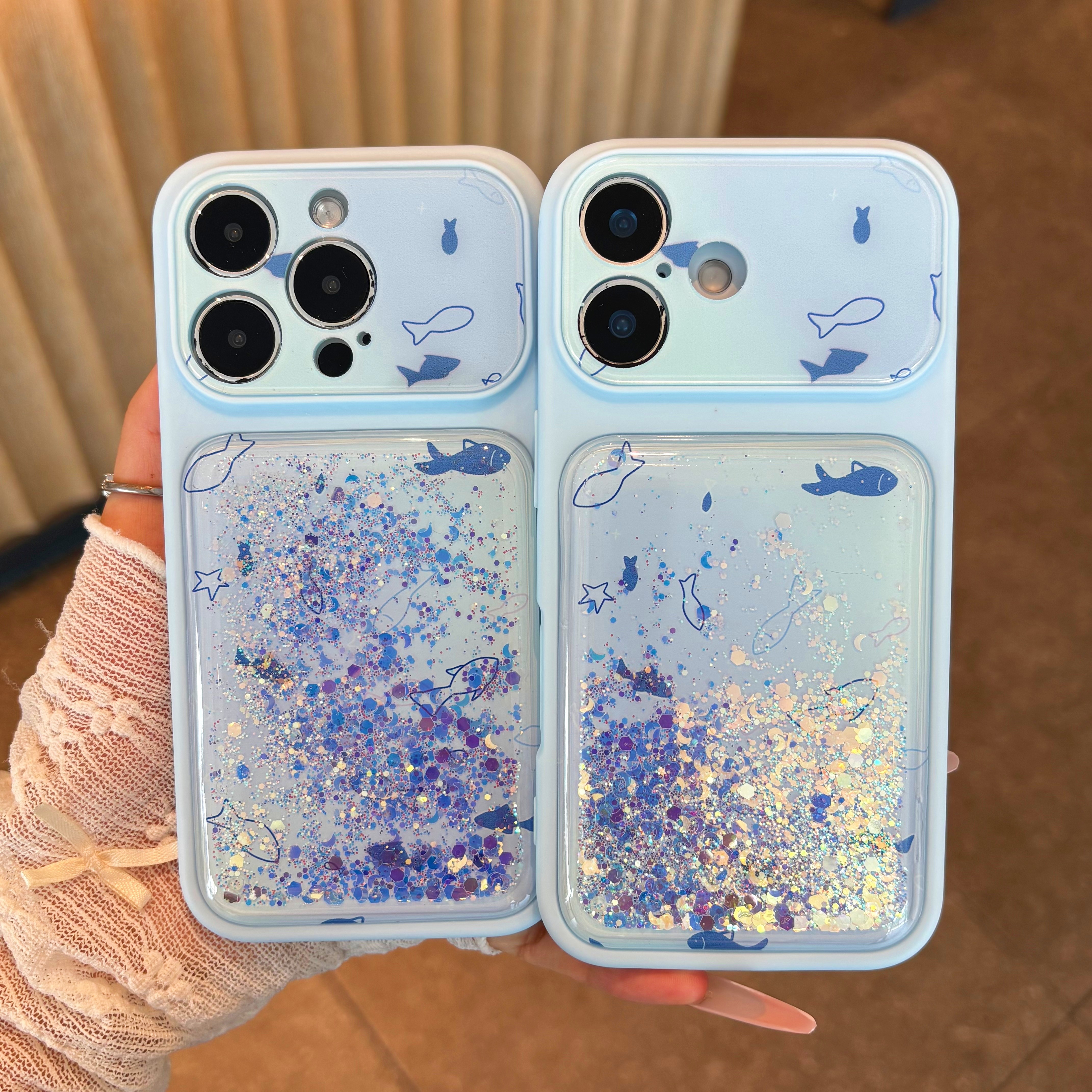 蓝底海洋鱼群流沙手机壳适用苹果17/16promax新款iPhone15/14/13pro全包透明vivo华为P90小米17oppo小众男女