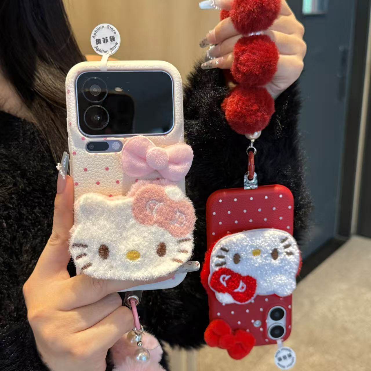 波点毛绒凯蒂猫挂绳适用苹果17/16promax皮革纹手机壳iPhone15/14/13pro磨砂防摔vivo华为p70小米17oppo女款