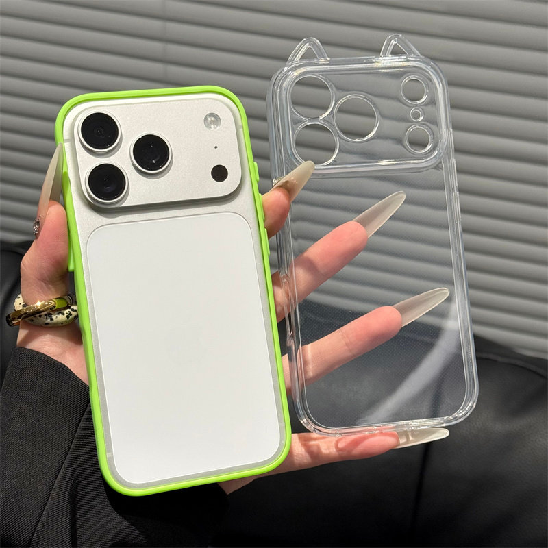 马卡龙二合一立体猫耳适用苹果17ProMax撞色透明手机壳iPhone16pro新款15pro简约个性14pro全包防摔13pro男女