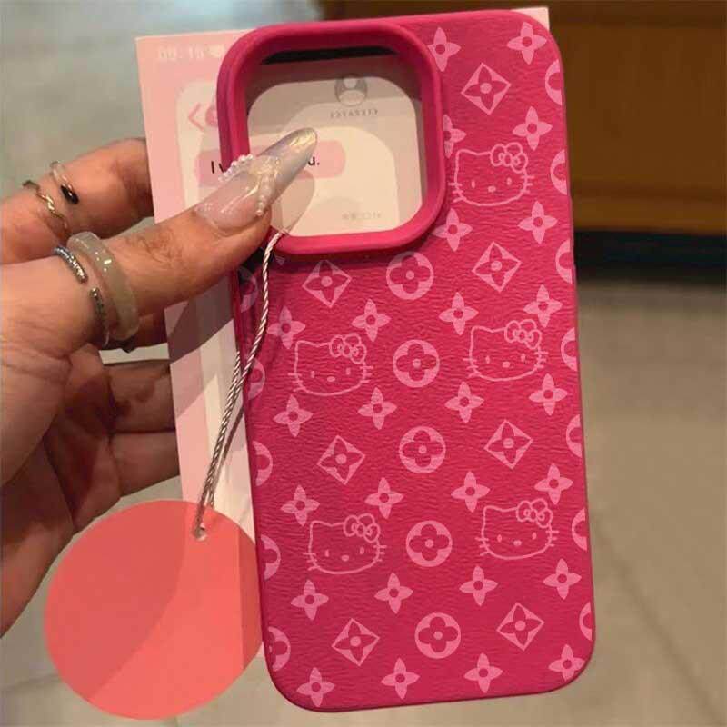 玫粉元宝凯蒂适用苹果17promax荔枝纹手机壳iPhone16/15pro新款14plus全包13promax防摔12pro磨砂11promax套