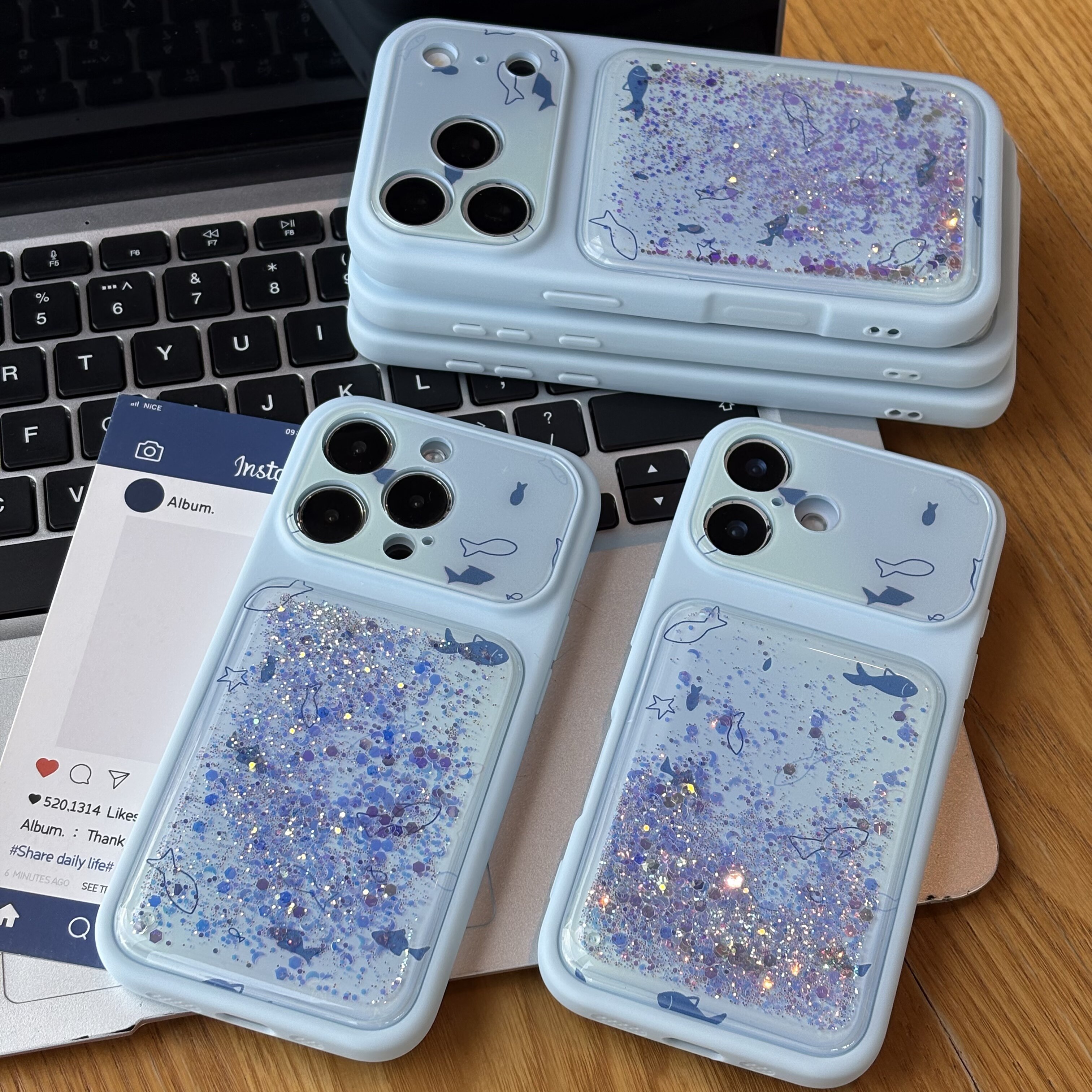 蓝底海洋鱼群流沙手机壳适用苹果17/16promax新款iPhone15/14/13pro全包透明vivo华为P90小米17oppo小众男女