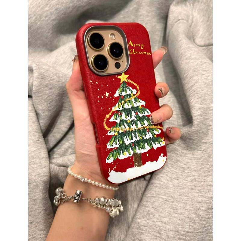 星星环绕圣诞树适用苹果17promax手机壳iPhone16/15pro新款金属框皮纹14plus全包13promax防摔12pro磨砂11套