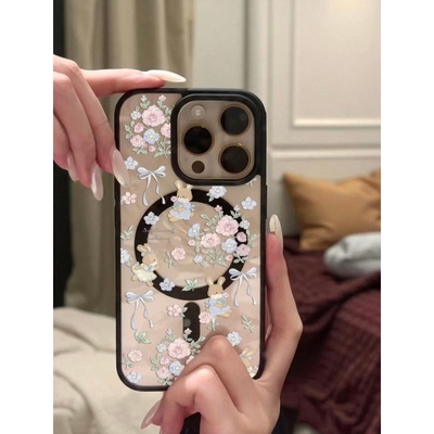清新花朵兔子适用苹果17promax磁吸手机壳iPhone16新款透明壳15/14/13/12/11亚克力16/15/14plus全包防摔保护