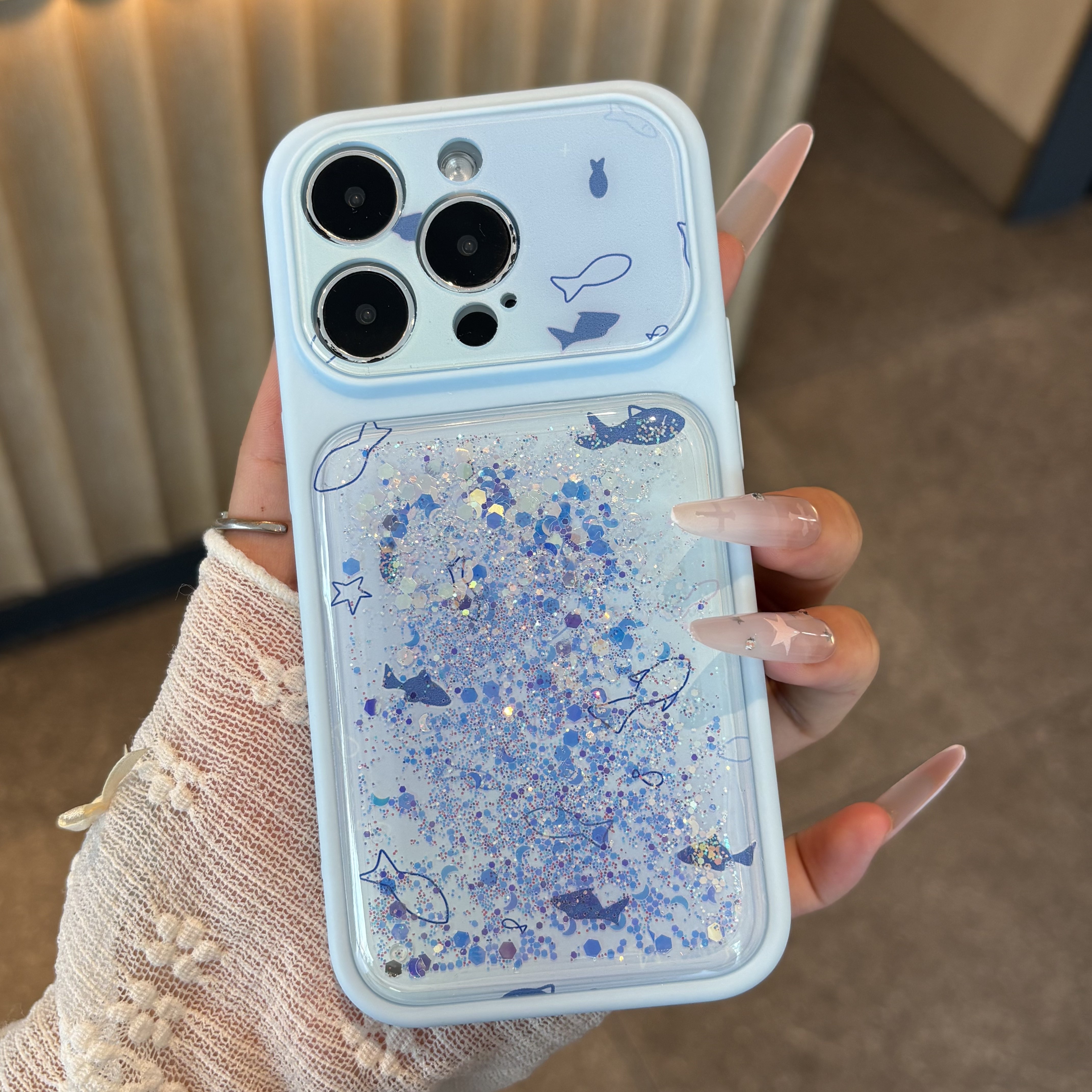 蓝底海洋鱼群流沙手机壳适用苹果17/16promax新款iPhone15/14/13pro全包透明vivo华为P90小米17oppo小众男女