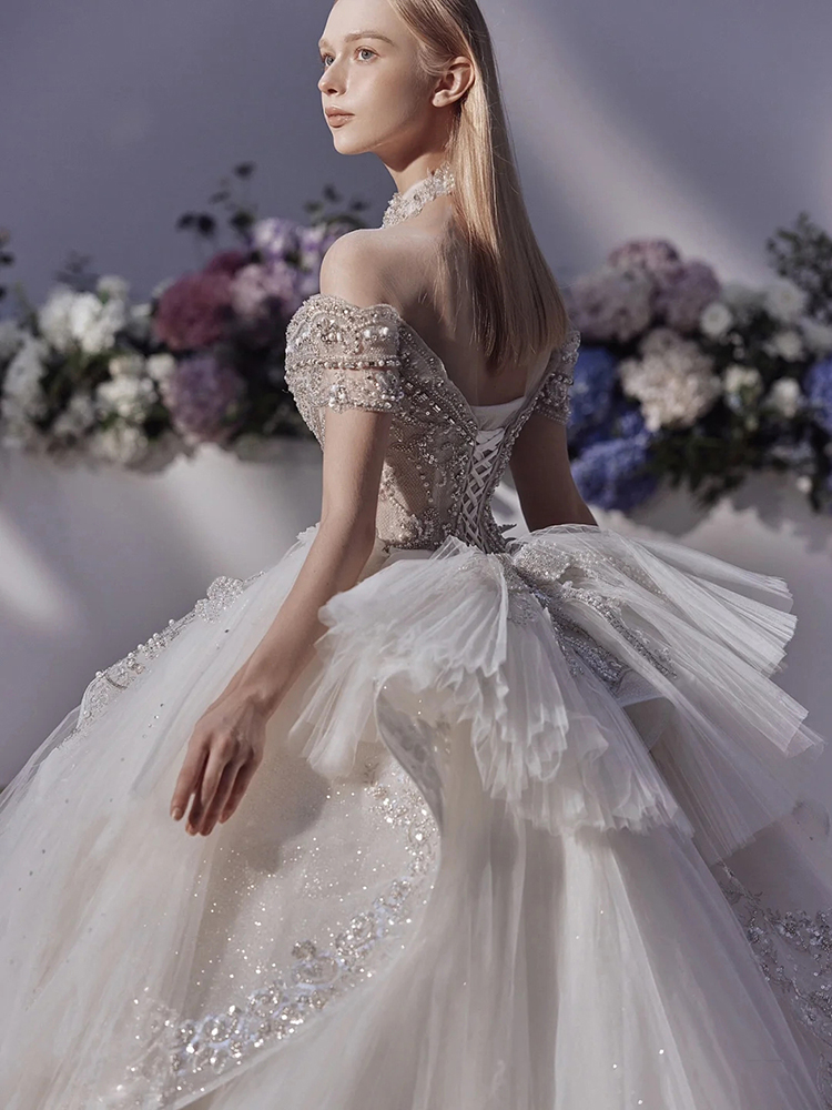 One word shoulder heavy work wedding dress bride 2024 new French main yarn high -end texture pregnant woman large size small fat MM One word shoulder heavy work wedding dress bride 2024 new French main yarn high -end texture pregnant woman large size small fat MM