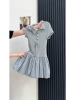 2026 new style grey polo collar short-sleeved dress for children, summer petite waisted flower bud skirt, polka dot short skirt thumbnail 3