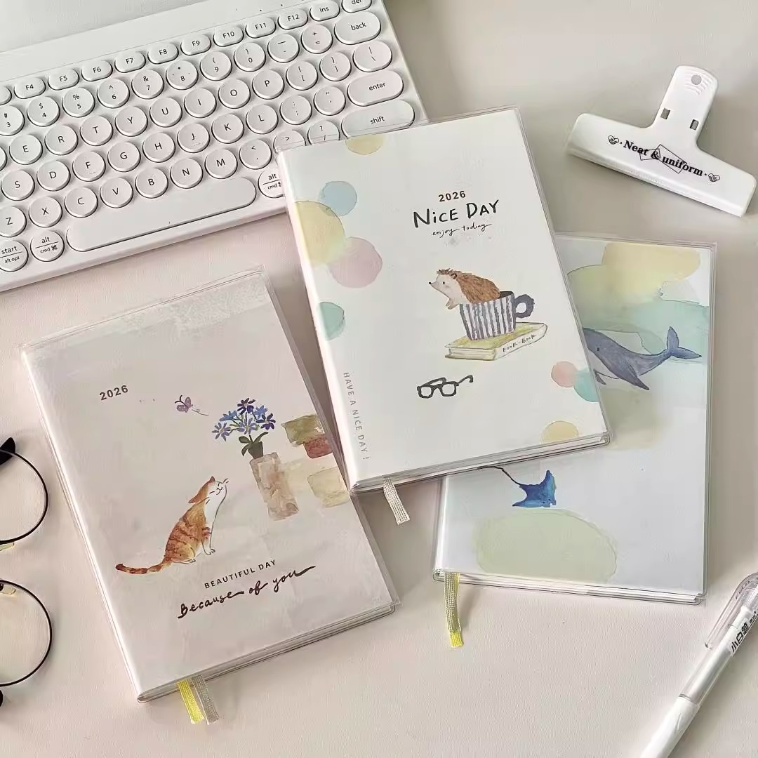 2026新款彩绘小猫日程本彩色内页可爱插画B6口袋年月周计划手账本