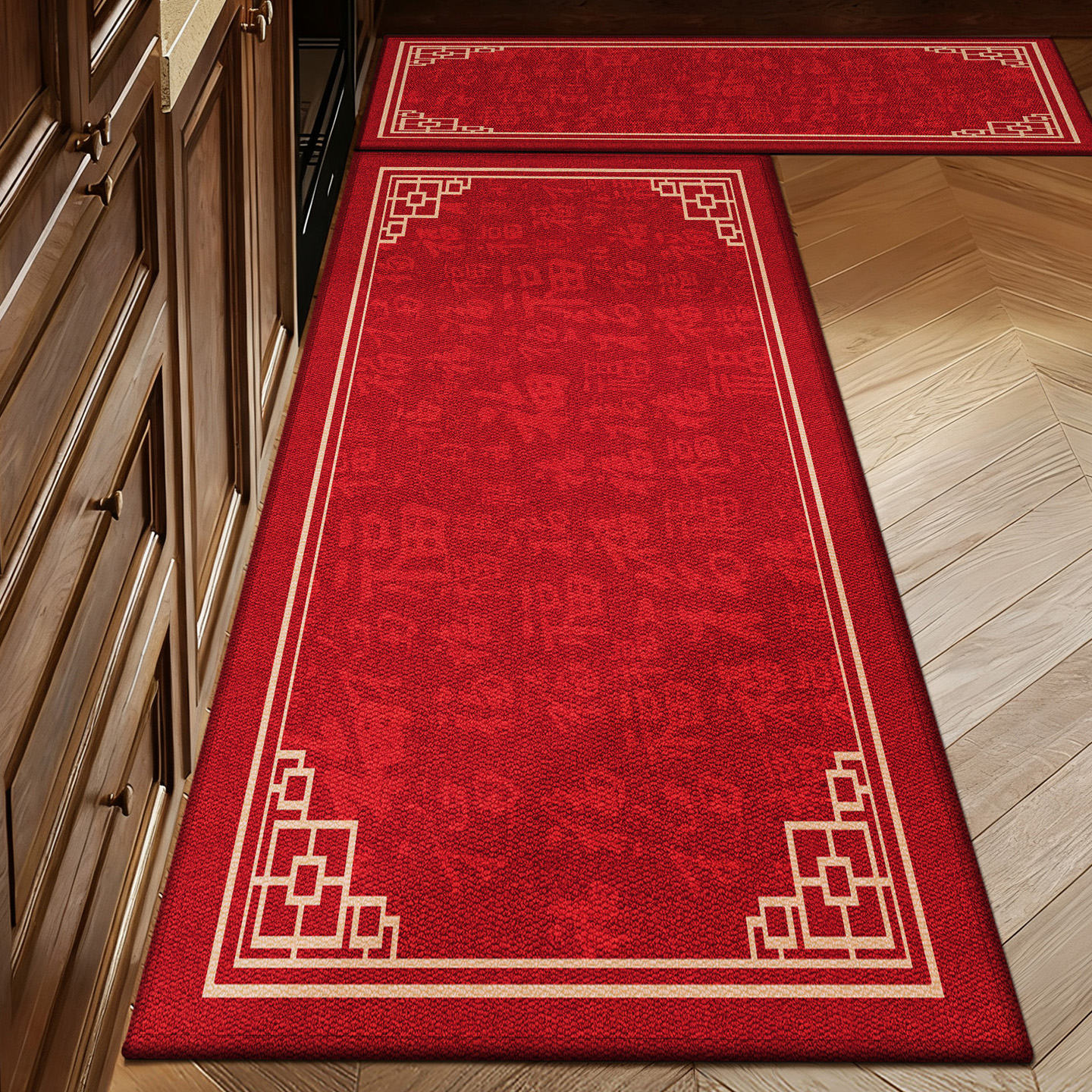 红色厨房地垫喜庆防滑防油污脚垫