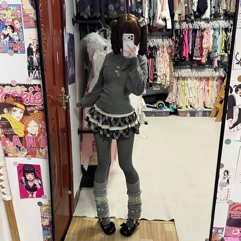 thumbnail for Nana Gu Hao Autumn and winter rabbit ear lapels vintage slim sweater sweet college style pattern skirt two-piece set