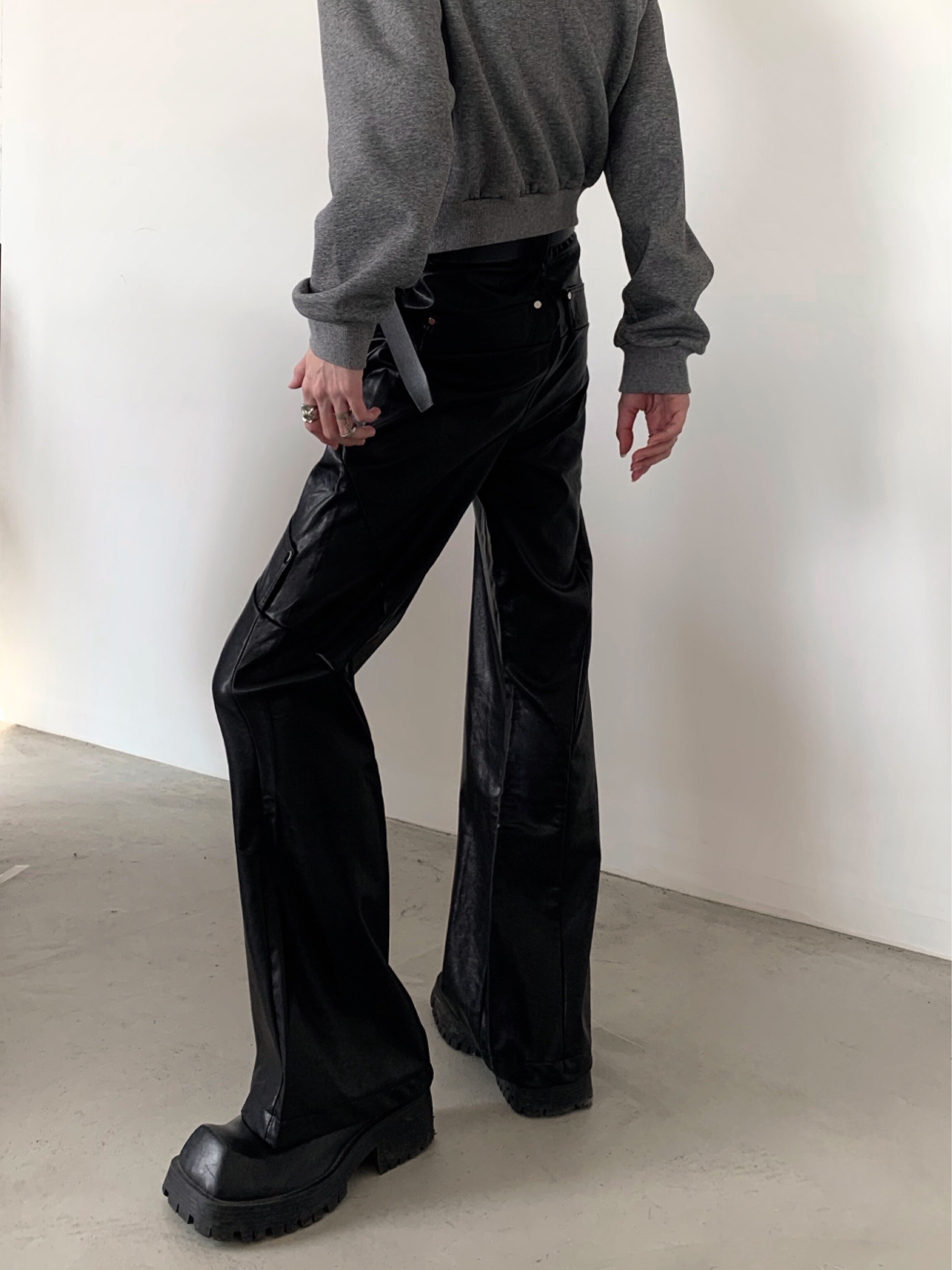 AKIYAMA STYLE|NICHE PUNK DECONSTRUCTED DESIGN SENSE BLACK LEATHER PANTS MENS HIGH-END HIGH-WAISTED STRAIGHT SLIGHTLY FLARED PANTS