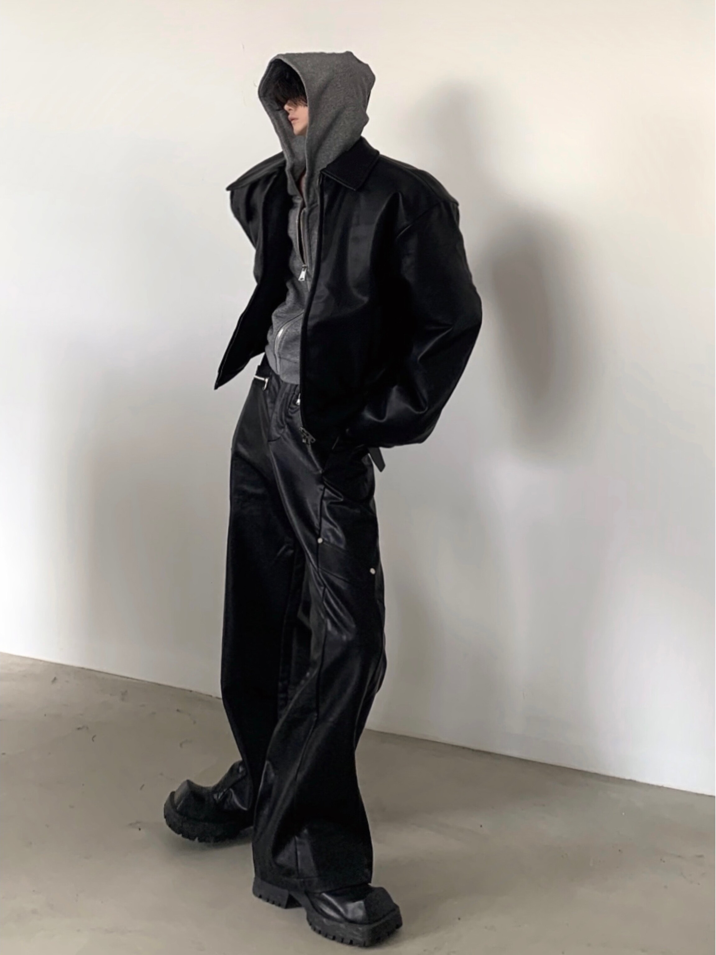 AKIYAMA STYLE|NICHE PUNK DECONSTRUCTED DESIGN SENSE BLACK LEATHER PANTS MENS HIGH-END HIGH-WAISTED STRAIGHT SLIGHTLY FLARED PANTS