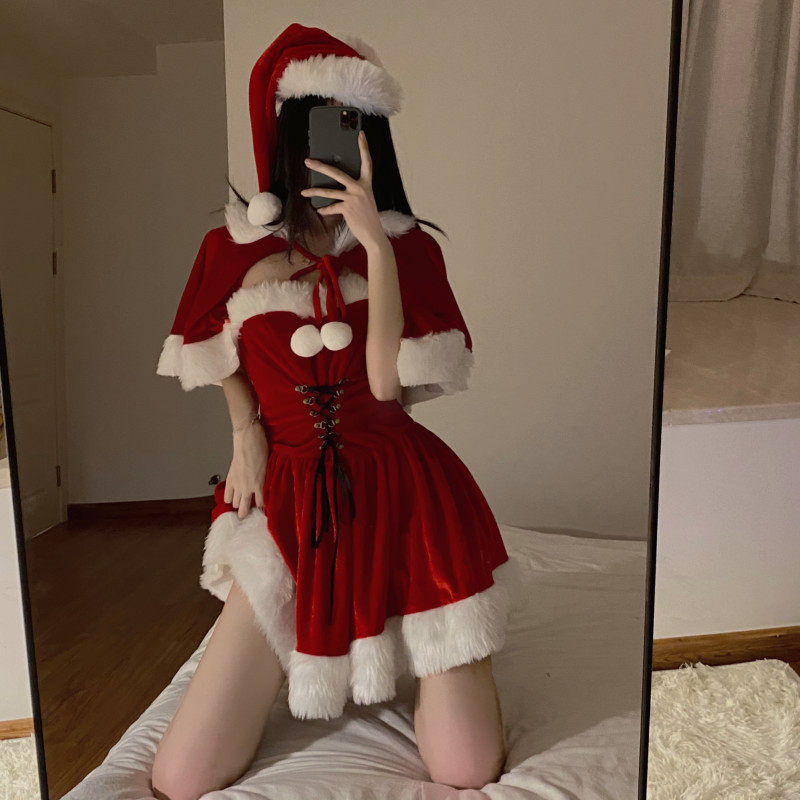 丝绒甜心*圣诞冬季披肩连衣裙甜美大码性感收腰睡衣女套装