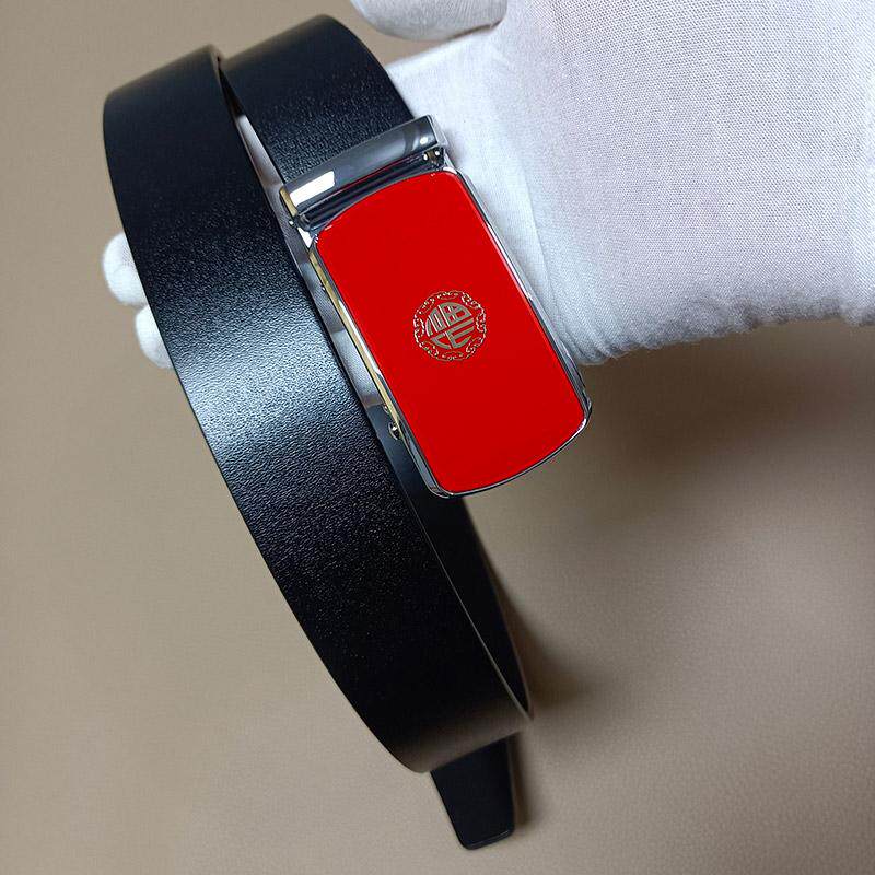 腰带男头层牛皮时尚红色送老公男友礼物皮带本命年真皮自动扣皮带