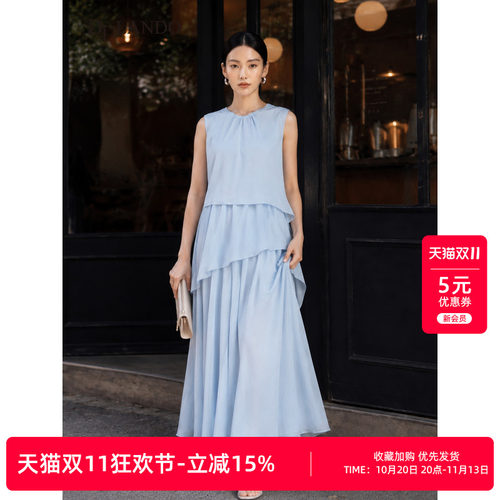 DTLANDO/商场同款26夏季新品温柔风圆领不规则拼接设计无袖连衣裙
