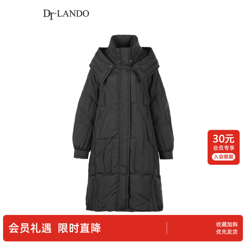 DTLANDO冬季女装时尚保暖气质黑色长款休闲百搭连帽羽绒服外套