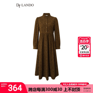 复古甜美木耳边条纹肌理感连衣裙 DTLANDO灯芯绒碎花裙女春季 新款