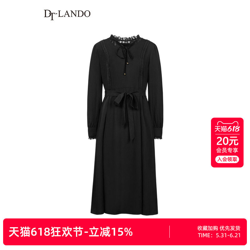 DTLANDO春季款女装时尚显瘦木耳边系带收腰黑色长袖连衣裙