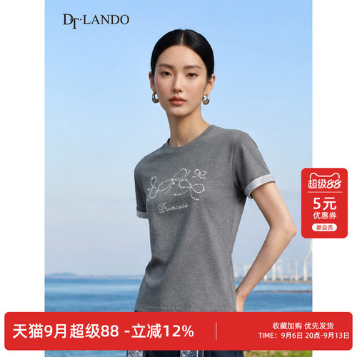 DTLANDO/商场同款26夏季新品温柔风圆领印花设计蕾丝短熵T恤女