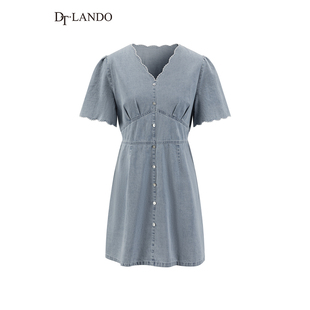 女装 25夏新品 牛仔连衣裙花边v领收腰显瘦裙子 商场同款 DTLANDO