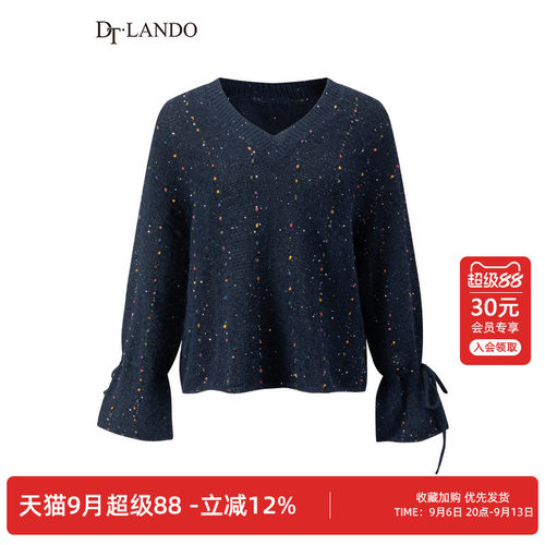 DTLANDO/商场同款秋冬款松驰风撒彩点V领系带束口喇叭袖针织衫女