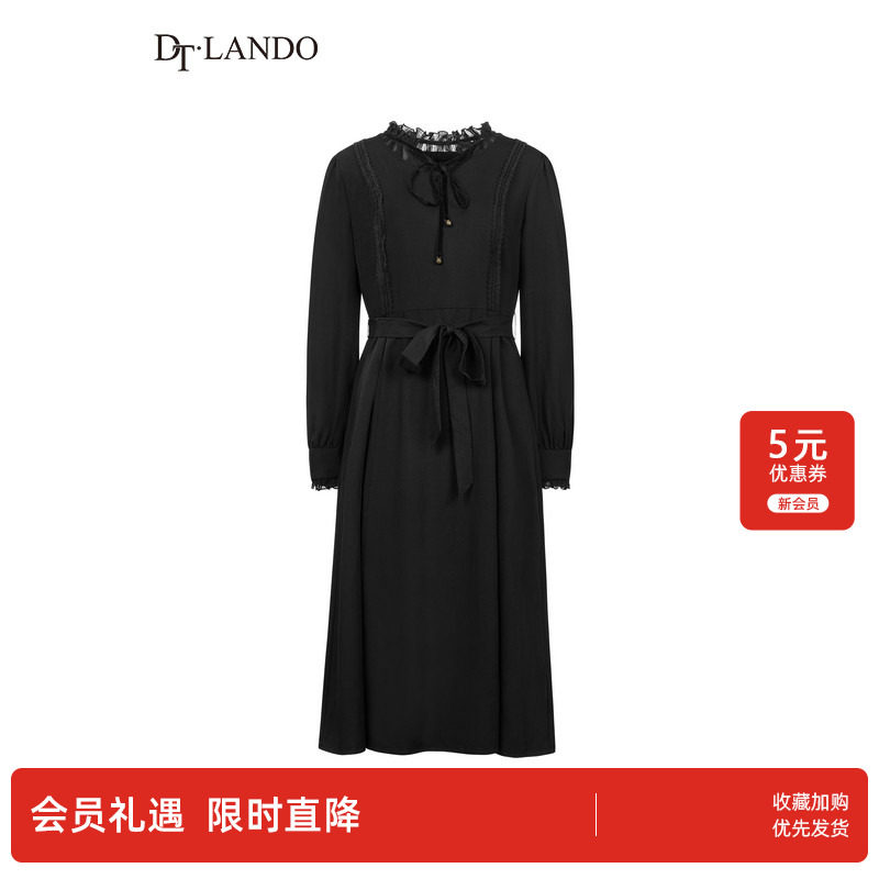DTLANDO春季款女装时尚显瘦木耳边系带收腰黑色长袖连衣裙