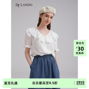 衬衫 新款 DTLANDO短袖 女夏季 上衣 法式 甜美荷叶边蕾丝设计感雪纺衫