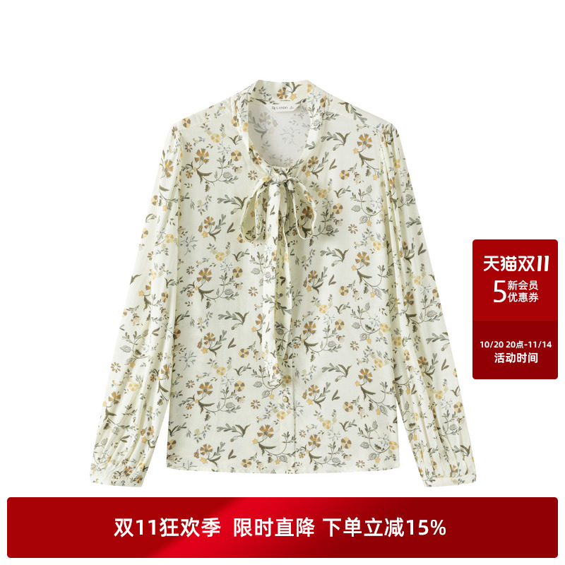 DTLANDO女装【长袖系带领印花衬衫】秋季温柔淑女风宽松百搭上衣