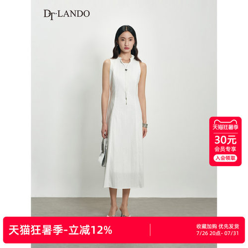 DTLANDO/商场同款春秋新款时尚设计木耳边立领系带白色无袖连衣裙