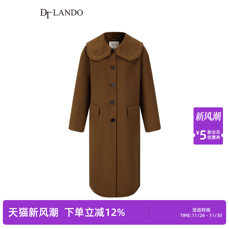 DTLANDO冬装复古风翻领拼接织带高级感长款长袖绵羊毛大衣外套