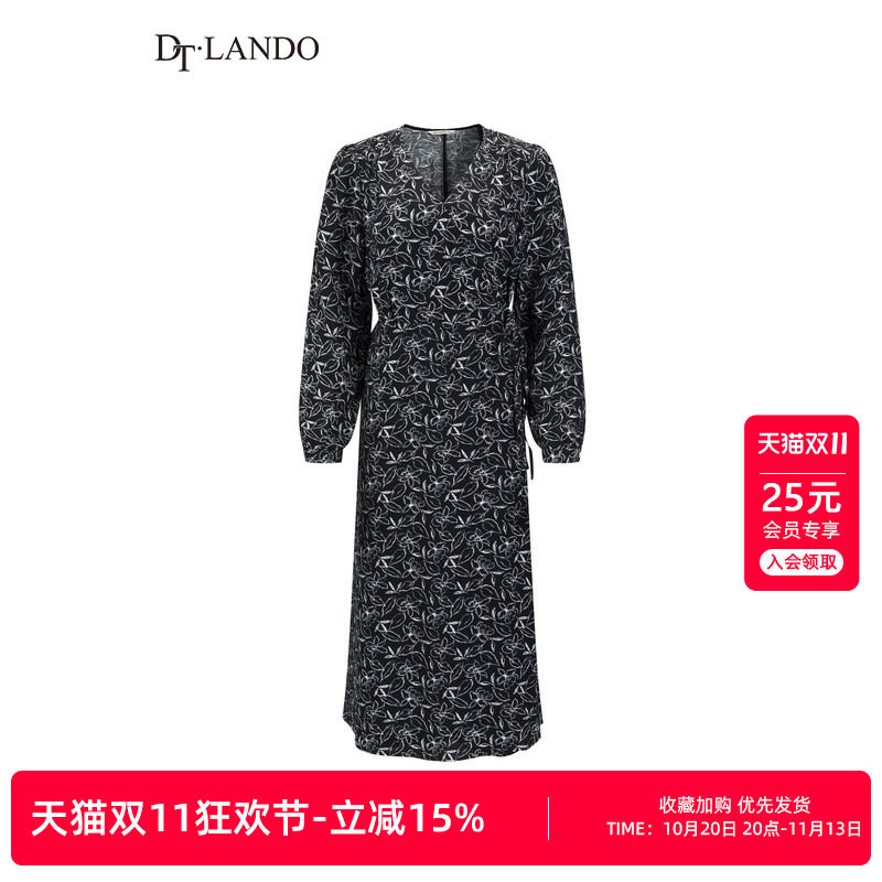 DTLANDO/商场同款春秋款度假风碎花V领灯笼袖侧边绑带显瘦连衣裙