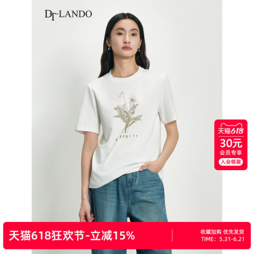 DTLANDO/商场同款春秋新款女装植物印花字母标语简约白色短袖T恤