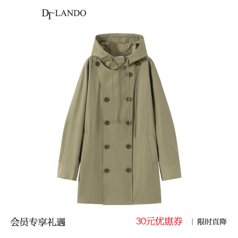 DTLANDO春季连帽长袖风衣通勤韩版中长款外套女军绿棉质休闲百搭