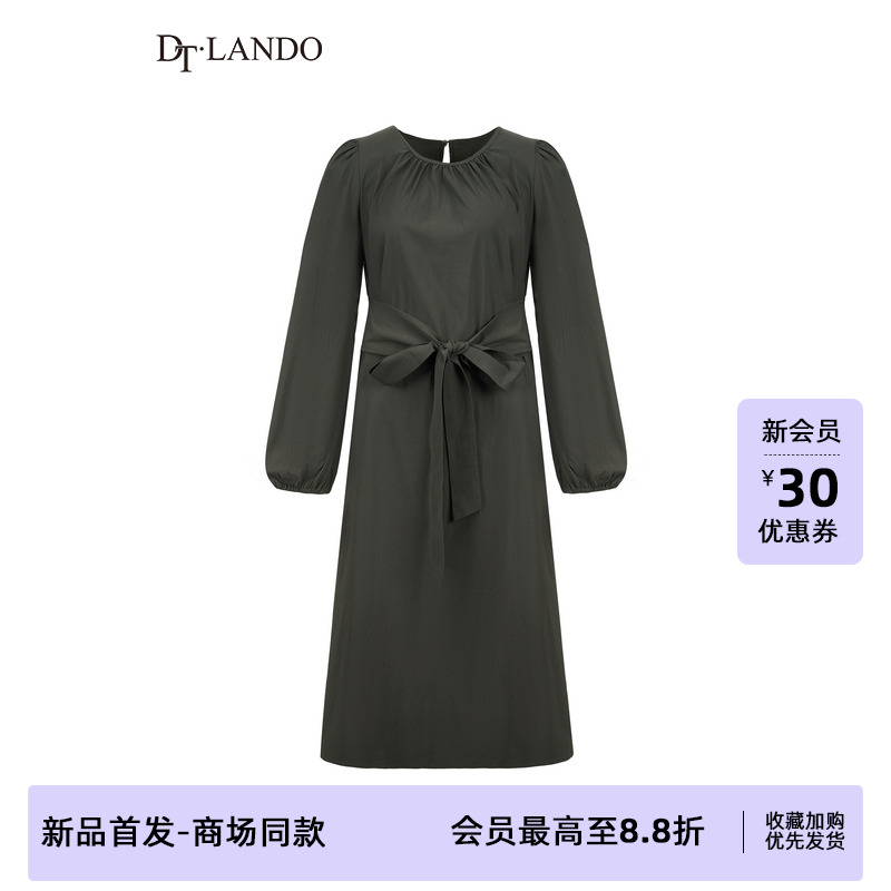 DTLANDO/商场同款25秋新品女装优雅气质灰色圆领蝴蝶结绑带连衣裙