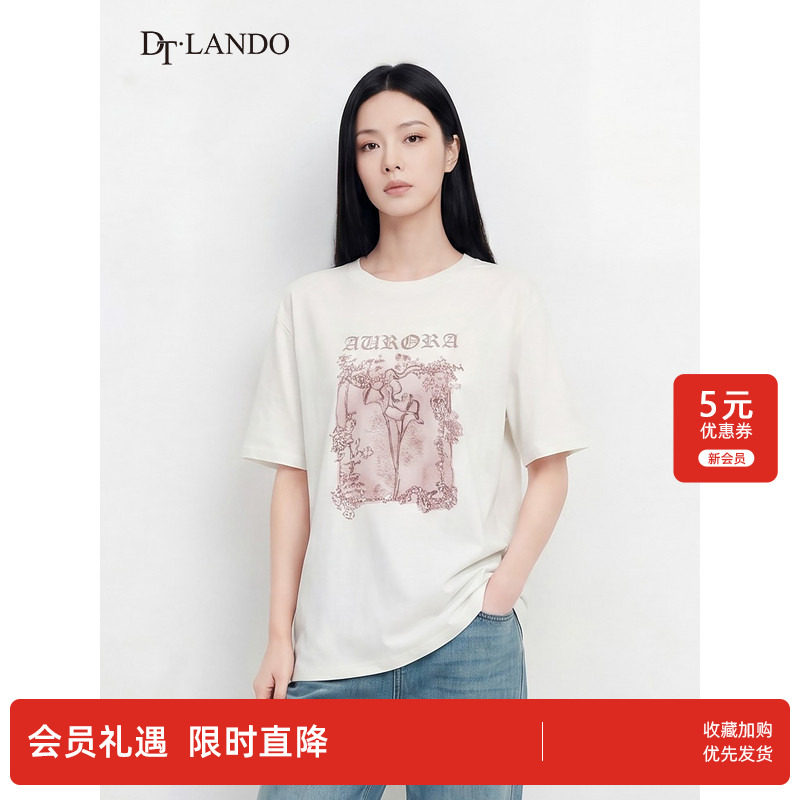DTLANDO/商场同款26夏季新品圆领文艺花卉印花设计休闲短袖T恤女