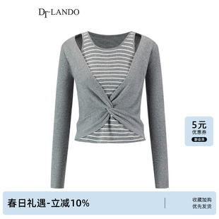 DTLANDO/春秋款灰色假两件针织衫女扭结V领条纹拼接短款修身上衣