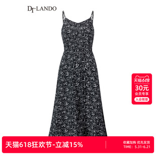 DTLANDO 春秋装度假风收腰显瘦V领黑底白花碎花吊带A字连衣裙