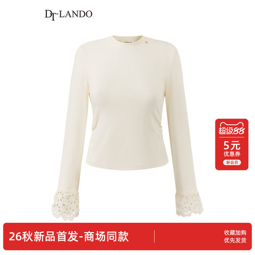 DTLANDO/商场同款26秋季新品温柔风圆领精致蕾丝花边袖口针织衫女