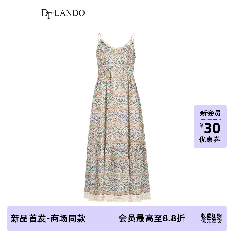 DTLANDO/商场同款25新品女装度假风V领蕾丝拼接碎花吊带连衣裙