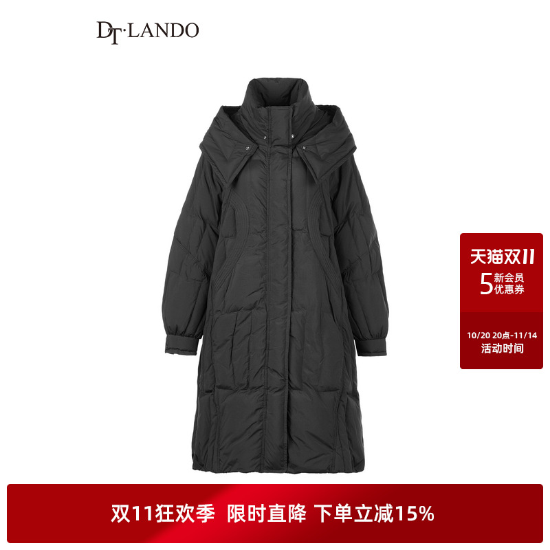 DTLANDO冬季女装时尚保暖气质黑色长款休闲百搭连帽羽绒服外套