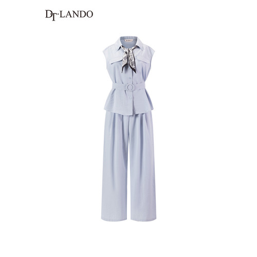 DTLANDO/26夏季新品翻领丝巾装饰腰带收腰无袖衬衫阔腿裤两件套女