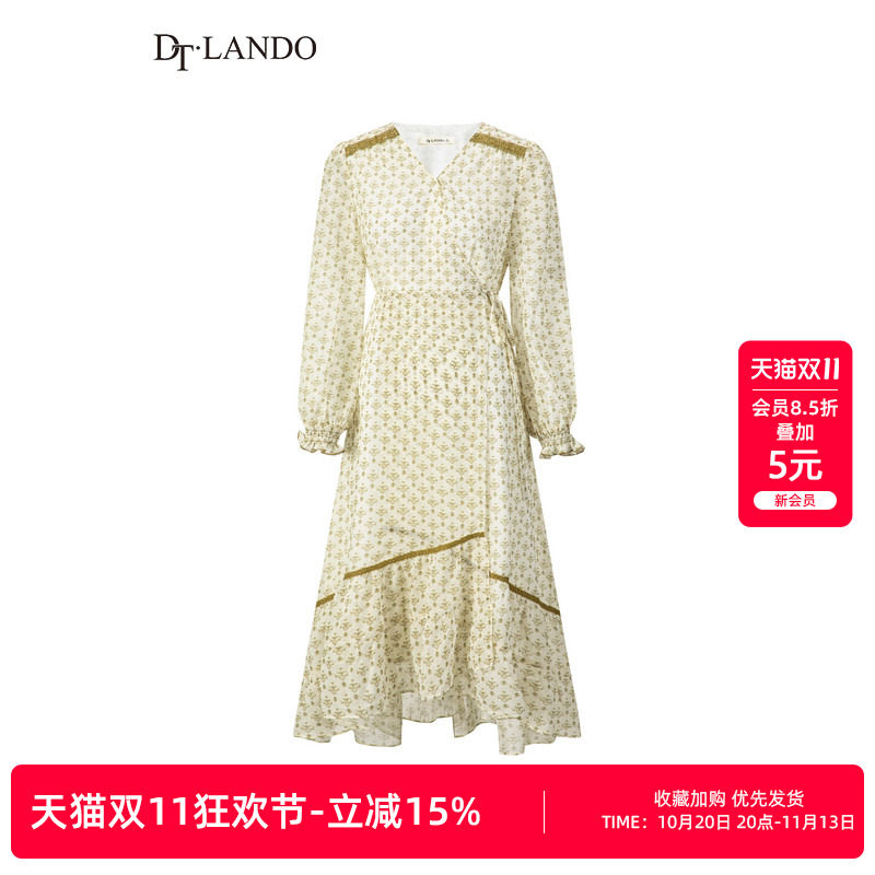 DTLANDO春秋季法式V领茶歇裙灯笼袖不规则下摆设计长袖碎花连衣裙