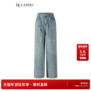 DTLANDO夏季女装时尚字母印宽腿直筒中高腰设计师品牌牛仔长裤子