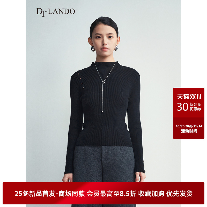 DTLANDO/商场同款25冬新品宽松铆钉装饰黑色半高领长袖毛织上衣