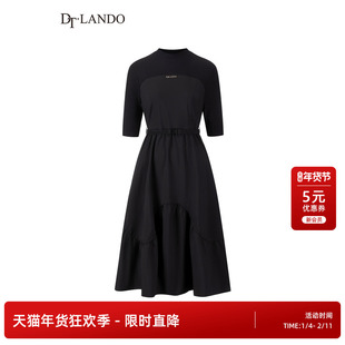DTLANDO秋季女装小黑裙收腰连衣裙中袖高腰设计师品牌中长裙子