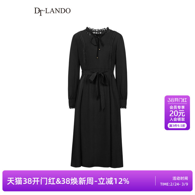 DTLANDO春季款女装时尚显瘦木耳边系带收腰黑色长袖连衣裙
