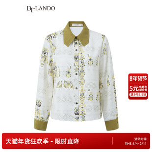 DTLANDO秋季女衬衫复古拼接领撞色设计长袖翻领雪纺衫上衣