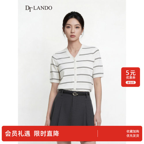 DTLANDO/26夏季新品V领条纹单排扣设计休闲百搭短袖针织开衫女