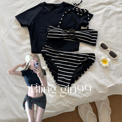 摩登织纹条纹抹胸比基尼泳衣