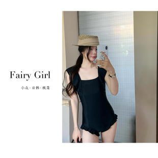 遮肚显瘦连体小胸聚拢遮肚显瘦度假温泉泳衣女 小飞袖 黑巧晚风